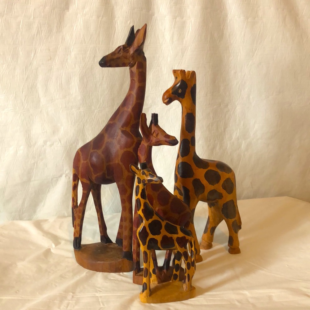Giraffes hand carved Kenya Africa set of 4 hardwood standing 5” to 12” high